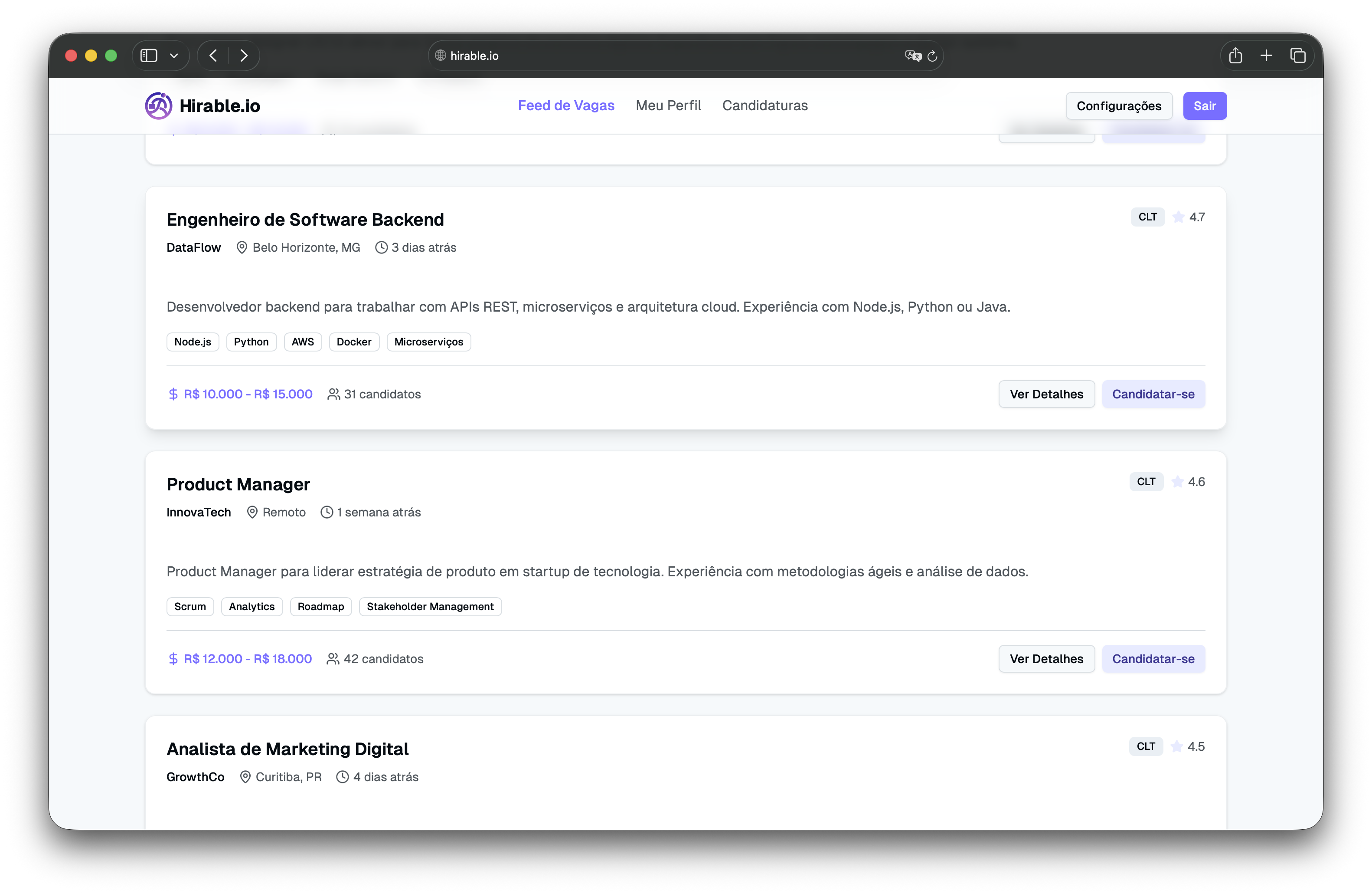 Página inicial da listagem de vagas